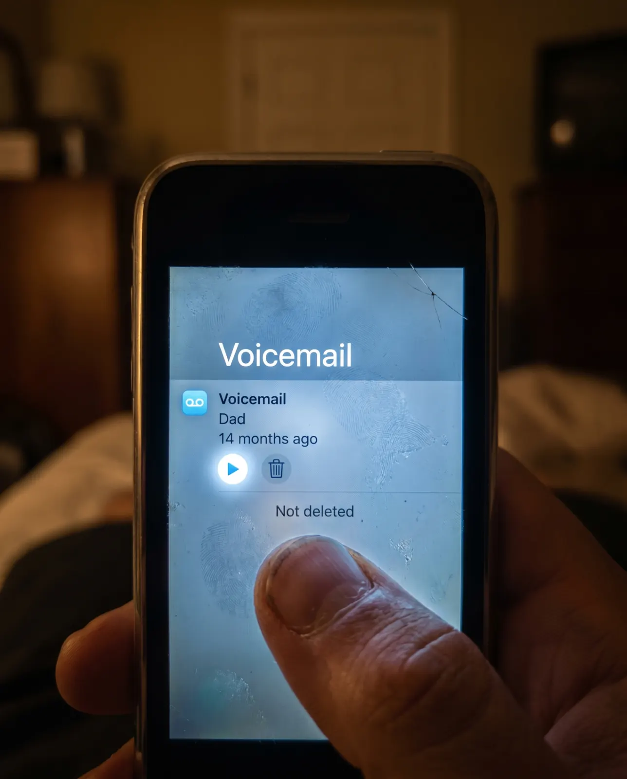 A close-up of a phone screen showing a saved voicemail from Dad, 14 months ago, marked 'Not deleted' — a thumb hovering over the play button in dim bedroom light.
