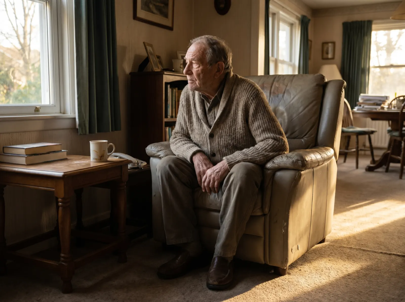 An older man sitting alone in his armchair, late afternoon light falling across his face as he looks out the window.