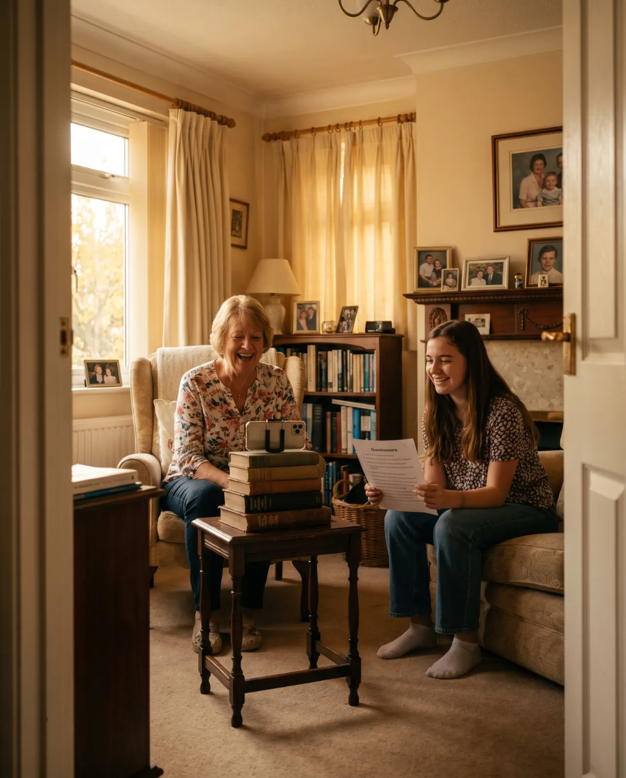 A family gathered around a screen — laptop or television — watching something together.