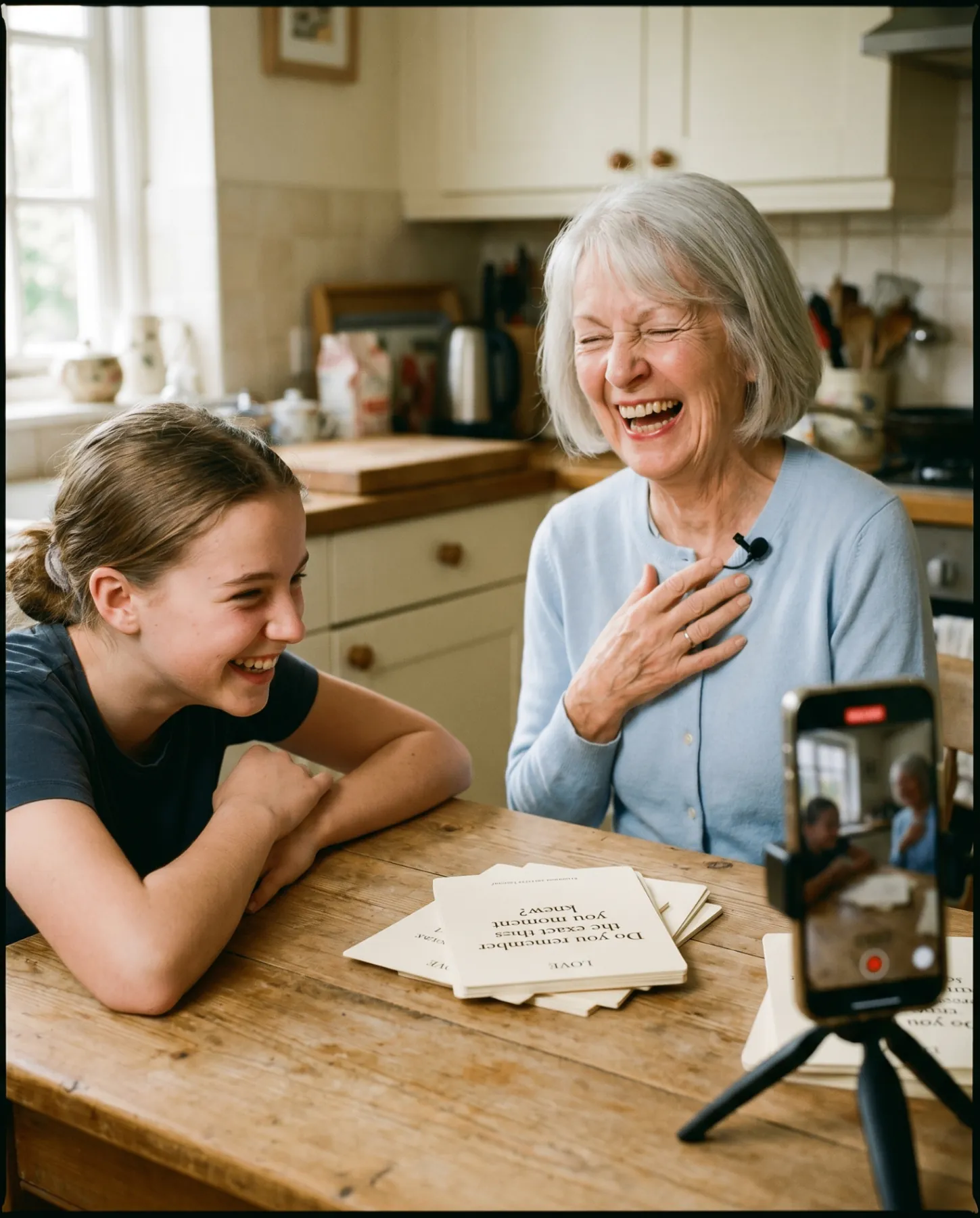 A grandmother laughing freely with her teenage granddaughter at a sunlit kitchen table, a printed question sheet between them.