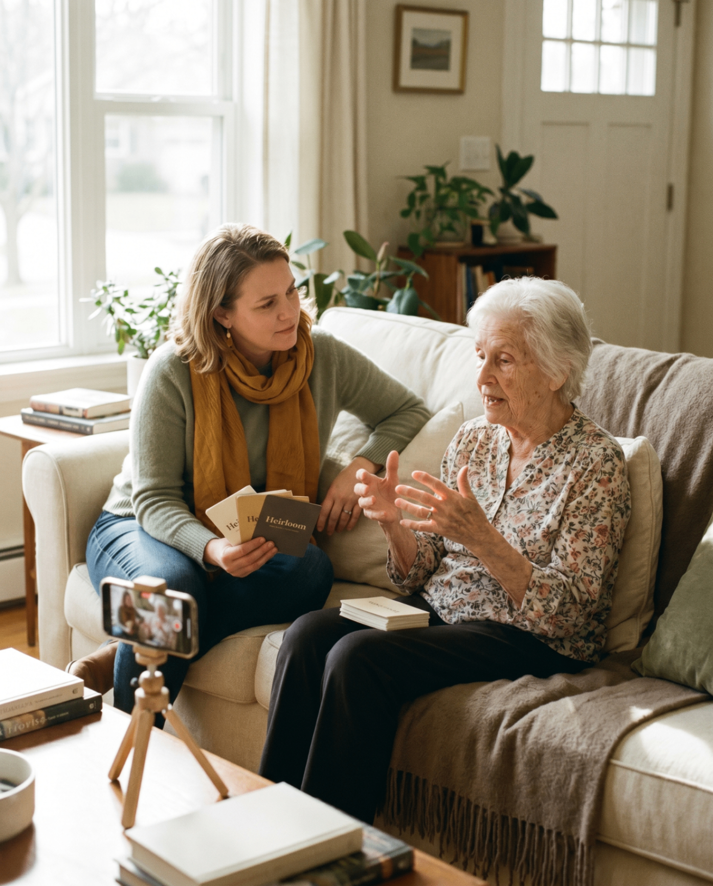 A woman in her mid-forties sitting close beside her elderly mother on a cream sofa, holding Heirloom question cards in her lap. Her mother is mid-story, hands animated. The daughter is leaning in, listening intently. A phone records quietly on the coffee table — an ordinary Sunday afternoon turning into something else.