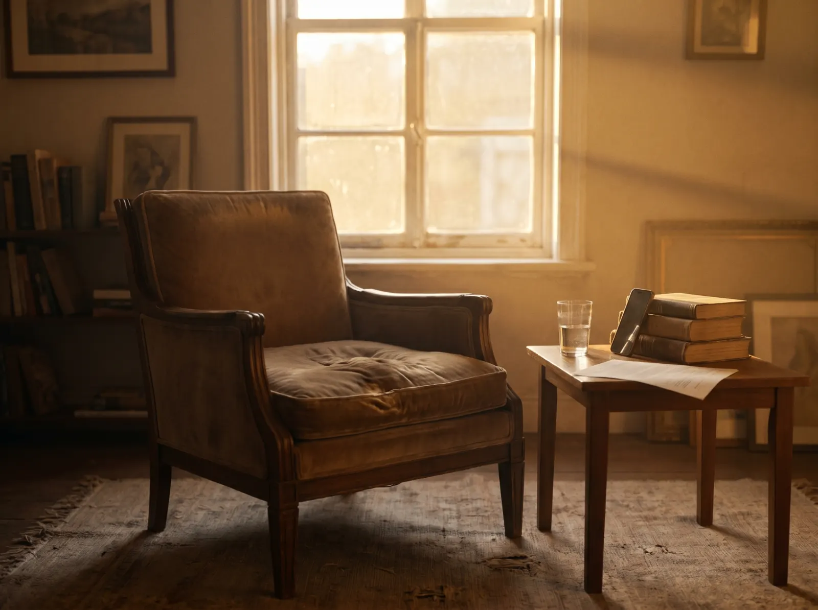 A warm living room corner prepared for a conversation — armchair, side table, glass of water, phone propped against books.