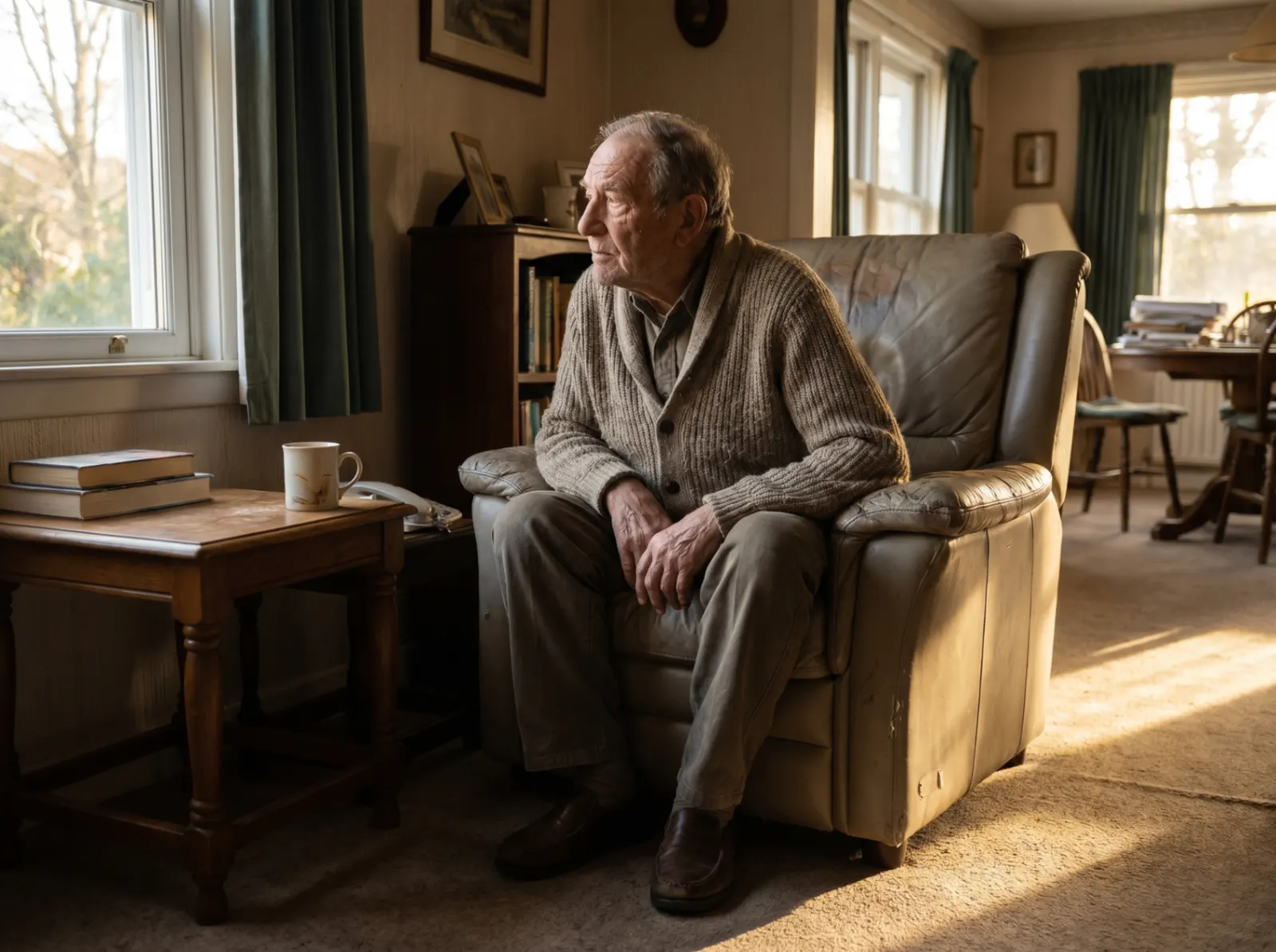 A grandfather alone in his armchair, late afternoon window light falling across his face. He is looking into the middle distance — the expression of a man remembering something from a long time ago. A half-drunk cup of tea on the side table. A folded newspaper on his lap, unread. The mood is: a whole life, sitting quietly, waiting to be asked.