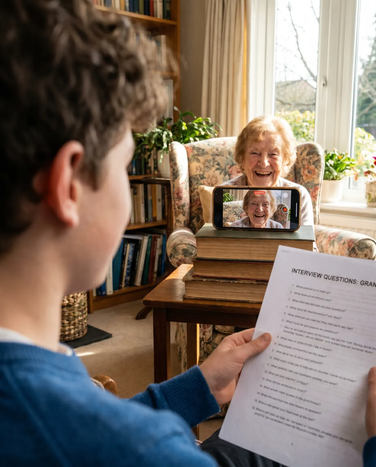 A teenage girl, around 15, sitting across a kitchen table from her grandmother. The grandmother is mid-laugh — a real laugh, head tilted back, completely unselfconscious. The girl is leaning forward, grinning, delighted. Between them on the table: a single printed sheet of paper. The scene looks like the best conversation either of them has ever had.