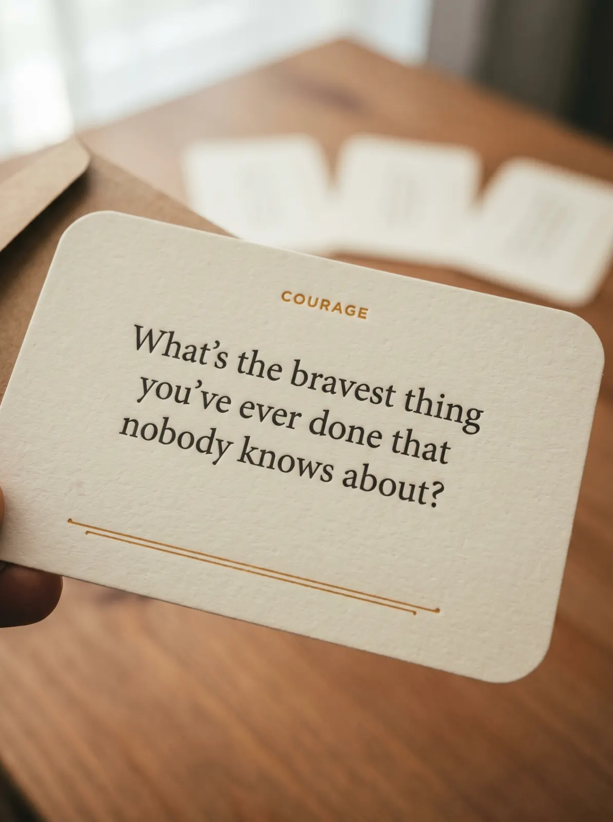 A cream question card held in hand reading 'What's the bravest thing you've ever done that nobody knows about?' under the category Courage.