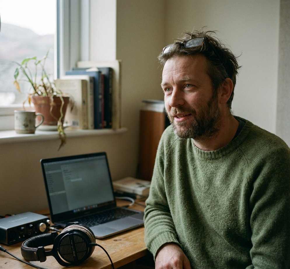 Sebastian, story producer, at his desk in Cumbria