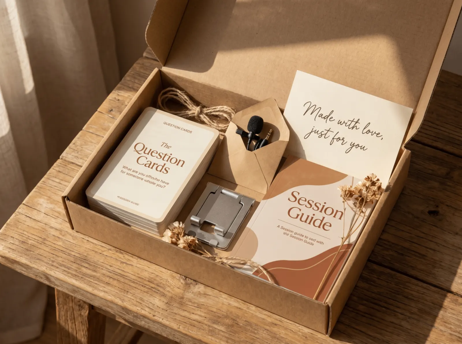 A beautifully packed kraft Session Box, open on a wooden table in warm morning light — question cards, a lapel mic in a kraft envelope, a phone stand, a Session Guide, and a handwritten note.