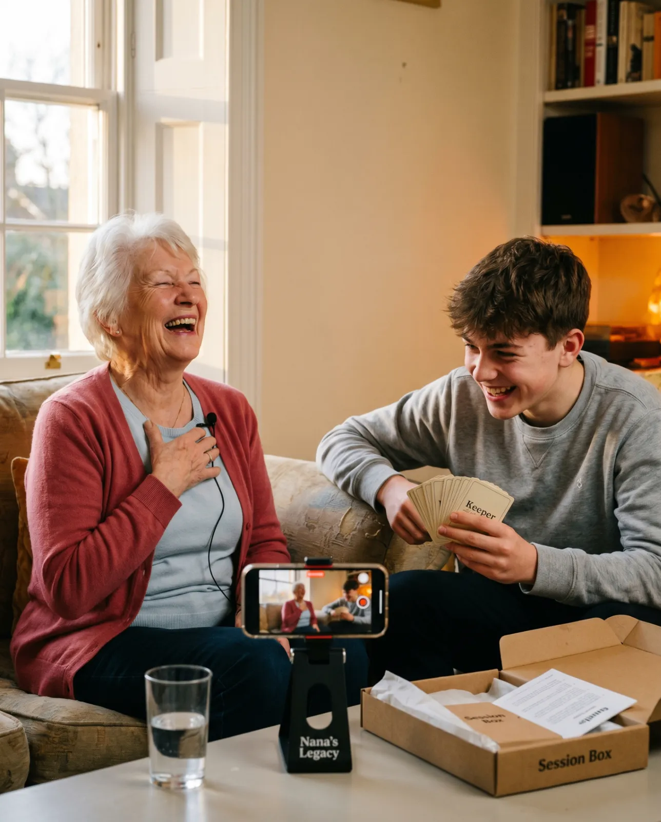 A grandmother laughing wholeheartedly on the sofa while her teenage grandson holds a fan of Heirloom question cards, a phone on a 'Nana's Legacy' stand recording them and a Session Box open on the coffee table.